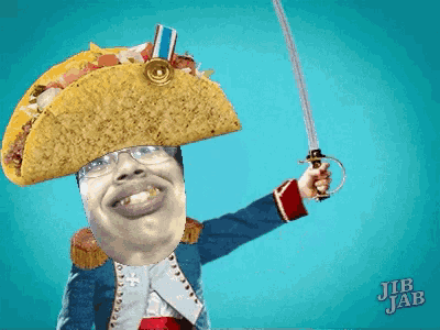 a cartoon of a man with a taco on his head holding a sword by jib jab