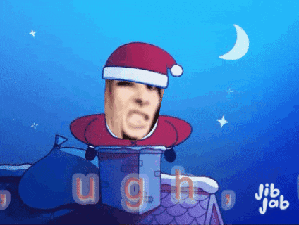 a cartoon of a man wearing a santa hat with the word ugh written below him