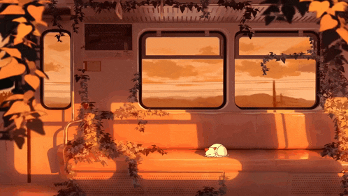 a painting of a cat sleeping on a train with a sunset in the background