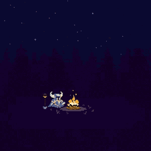 a pixel art of a knight sitting next to a fire at night