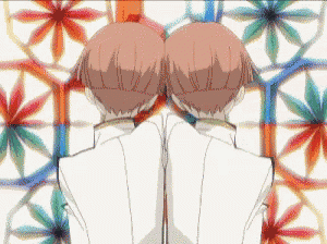two anime characters are standing back to back in front of a colorful floral pattern