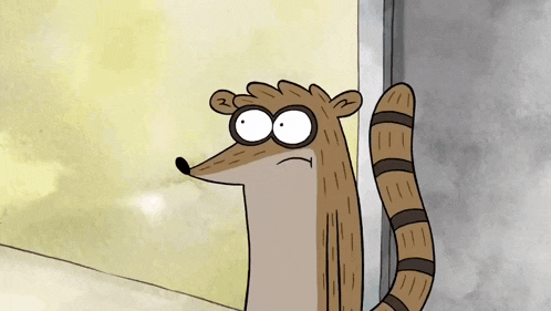 a cartoon raccoon with big eyes and a long tail is standing next to a wall