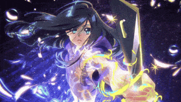 a girl with long black hair is holding a sword and shield