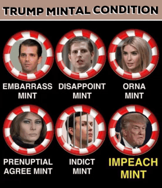 a poster showing the trump mintal condition including embarrasse disappoint orna mint and impeach mint