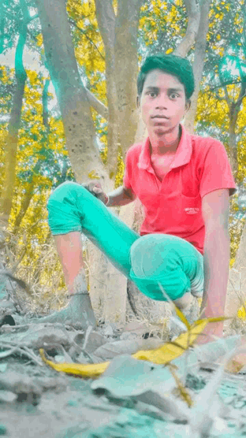 a young man in a red shirt and green shorts is squatting under a tree in the woods .