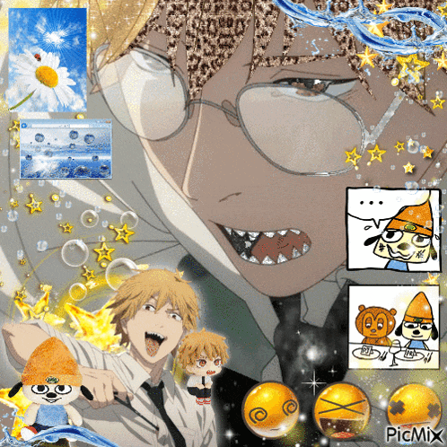 a picture of a man with glasses surrounded by cartoons and a picmix logo