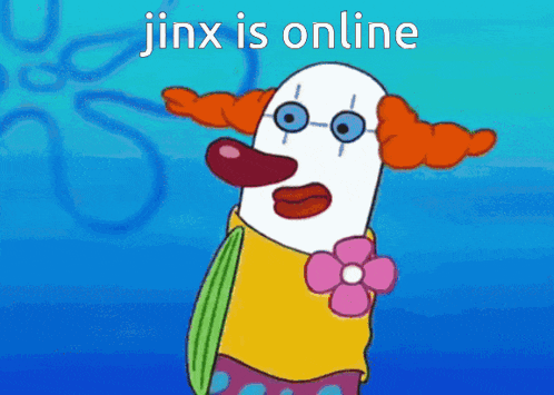 a cartoon of a clown with the words jinx is online below him