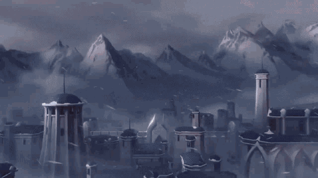 a large explosion is taking place in a city with mountains in the background .