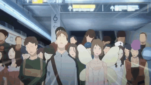 a group of people are walking down a staircase with a sign that says 6