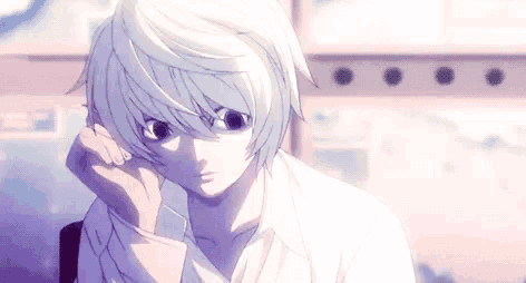 a close up of a person 's face with a white haired anime character .
