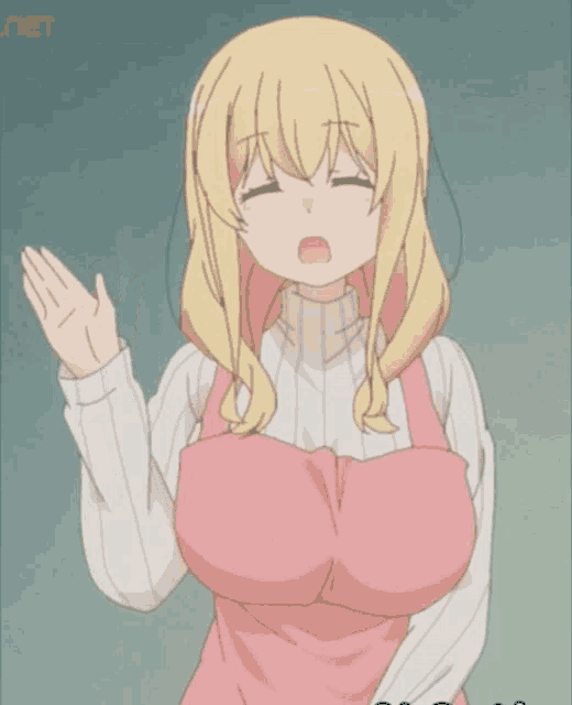 a blonde anime girl with a pink apron and a white sweater is waving her hand