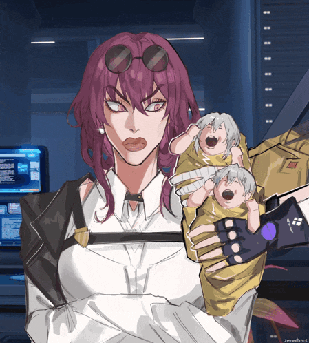 a drawing of a woman with purple hair holding a baby with the letters jm on it