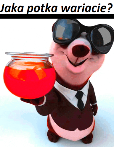 a cartoon panda wearing sunglasses and a suit holds a bowl of red liquid