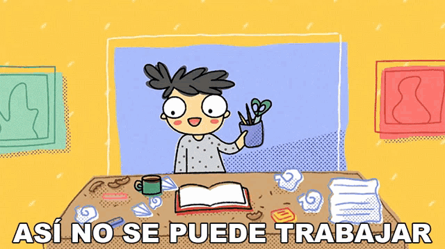 a cartoon of a person sitting at a desk with the words " así no se puede trabajar " written below them