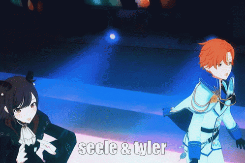 a couple of anime characters dancing with the words seele & tyler below them
