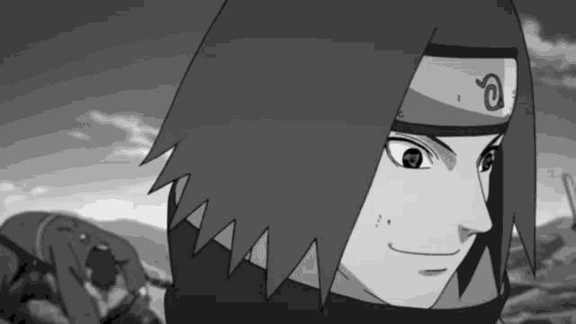 a black and white drawing of a ninja with a symbol on his head