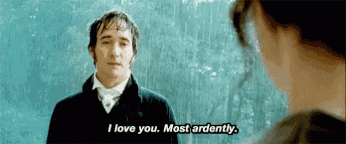 a man and a woman are standing in the rain and the man is saying `` i love you most ardently '' .