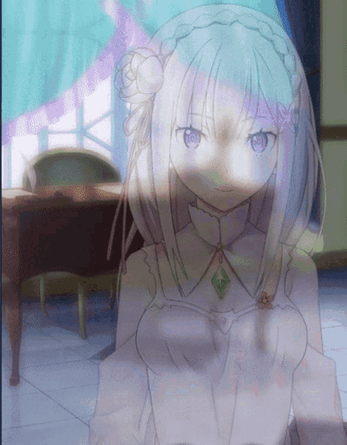 a drawing of a girl with purple eyes and a flower in her hair