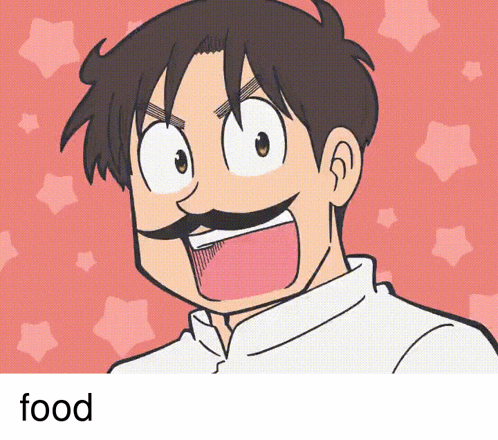 a cartoon of a man with a mustache and the word food underneath him