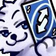 a white tiger is holding a blue uno card in his hand .