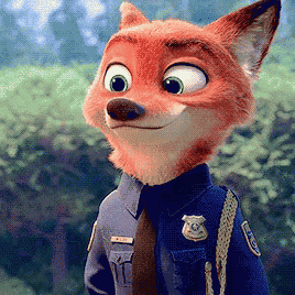 a cartoon fox is wearing a police uniform and badge
