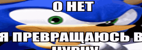 a close up of a cartoon character with green eyes and the words `` sonic '' written on it .
