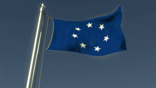 a blue flag with white stars on it is flying in the wind