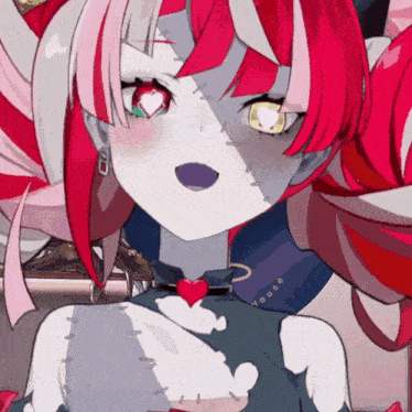 a close up of a anime girl with a heart around her neck