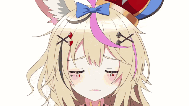 a close up of a anime character with a blue bow on her head