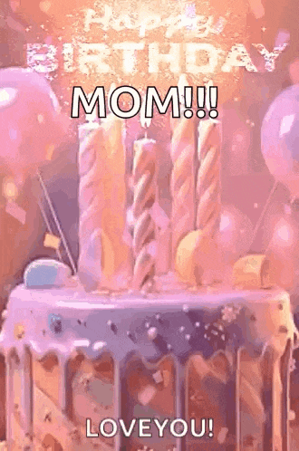 a birthday cake with candles and balloons on it and the words `` happy birthday mom ! ''
