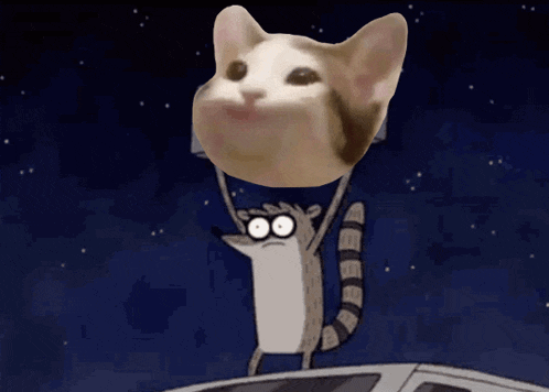 a cartoon raccoon is holding a cat 's head above his head