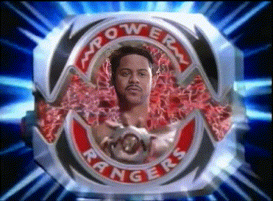 a power rangers logo with a picture of a man in the center