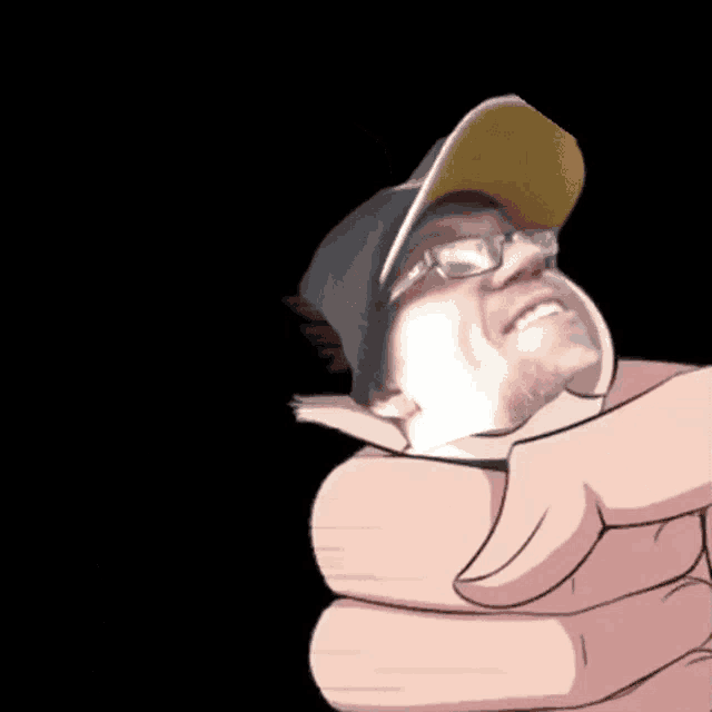 a man in a hat and glasses is being held by a hand