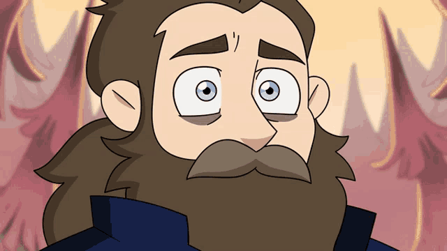 a cartoon man with a beard and blue eyes looks sad