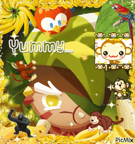 a picture of monkeys and bananas with the words yummy on it