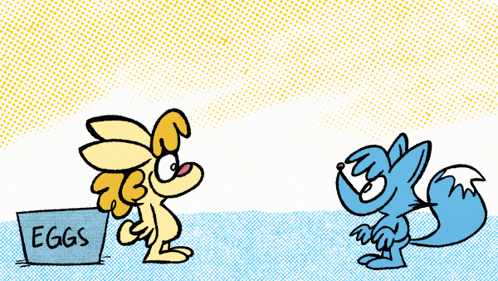 a cartoon drawing of a bird and a fox with a sign that says " eggs "