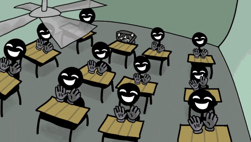 a group of stick figures are clapping in a classroom with a fan in the background