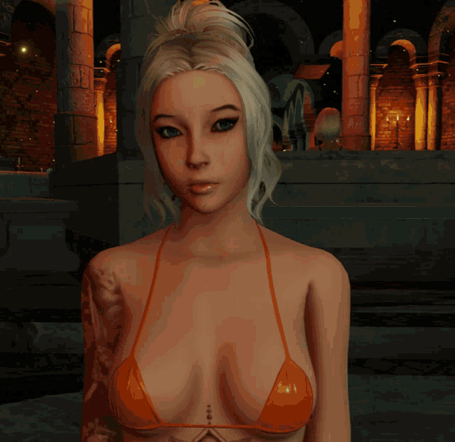 a computer generated image of a woman in an orange bikini top
