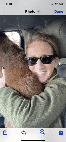 a woman in sunglasses is hugging a brown dog in a car