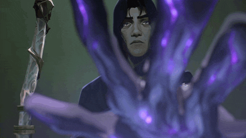 a man in a hood is holding a sword with purple lights coming out of his hands .