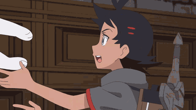 a cartoon of a boy holding a sword and a pokemon