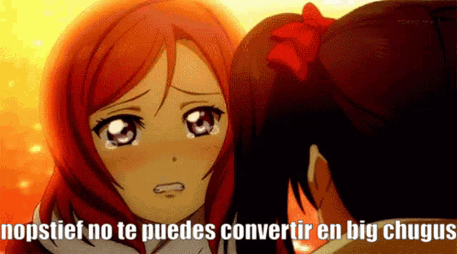a cartoon of a girl crying with the words nopstief no te puedes convertir en big chugus below her