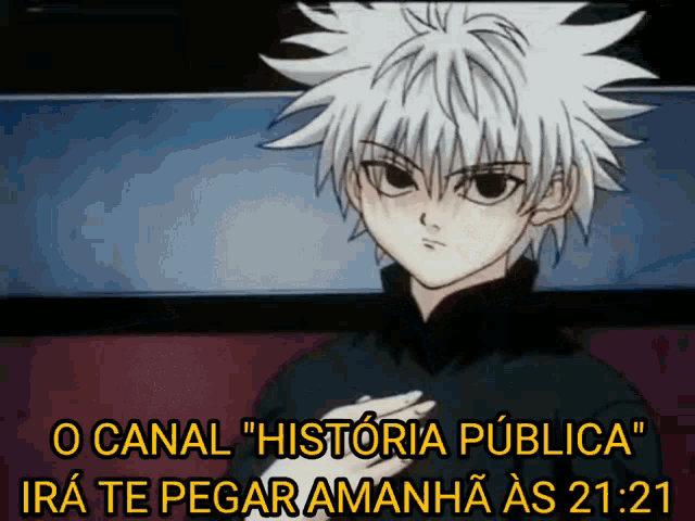 a cartoon character with white hair and black eyes says o canal historia publica