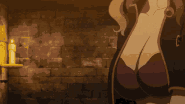 a cartoon of a woman with long hair and a candle behind her