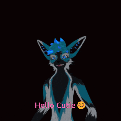 a blue and black furry animal with the words hello cutie above it