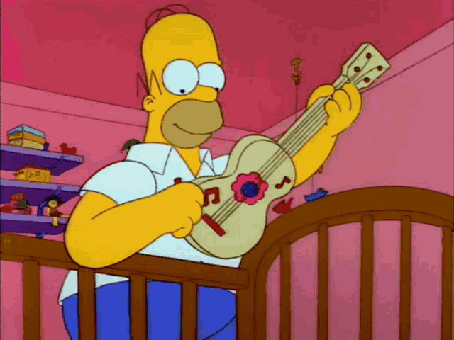 homer simpson is playing an ukulele in a crib