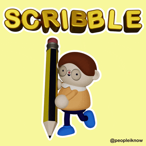 a cartoon character is holding a large pencil and the word scribble is behind him