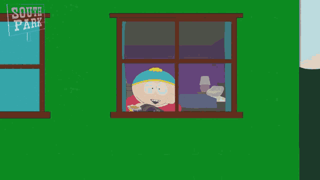 a cartoon character looking out of a window with a sign that says south park