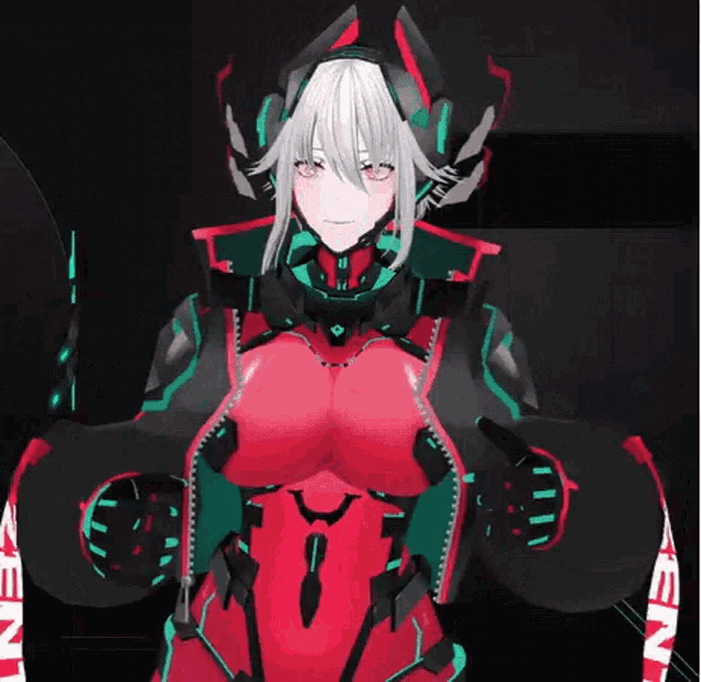 a girl with white hair is wearing a red and green suit with a helmet on .