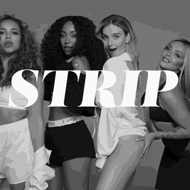 a black and white photo of a group of girls with the word strip on the bottom
